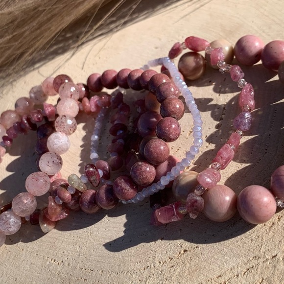 Natural Strawberry Quartz, Pink Rhodonite & Raw Tourmaline Gemstone Bracelets - Picture 7 of 15
